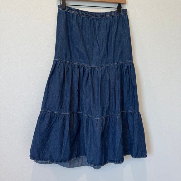 ERIKA Vintage Denim Tiered Praire Peasant Maxi Skirt- Western/Boho/Cowgirl - Picture 1 of 5